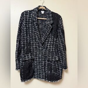 Chicos Women's Black and White embroidered plaid sweater blazer tweed lace